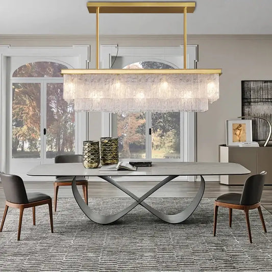 Modern gold rectangular crystal glass ceiling chandelier with layered textured glass panels for dining room decorbites crystal glass