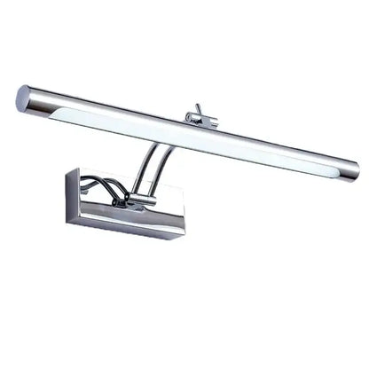 Chrome finished rectangular led vanity mirror light with sleek modern design and adjustable arm for bathroom use