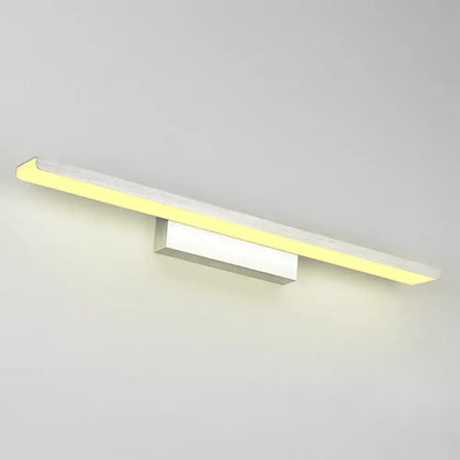 Modern minimalist vanity sconce with sleek silver metallic finish and warm yellow led illumination for bathroom use