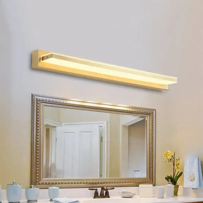 Modern gold rectangular led wall sconce with acrylic shade and sleek design for bathroom or bedroom lighting
