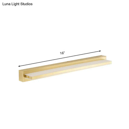 A sleek 16-inch gold modern rectangular led wall sconce with acrylic shade and integrated light panel for bedroom use