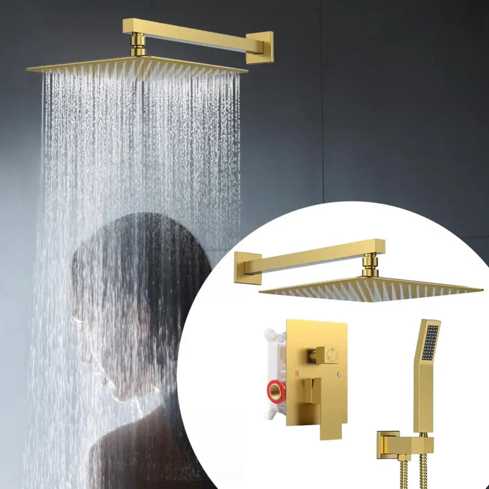 Modern gold rectangular rainfall shower head set with matching wall-mounted fixture and handheld showerhead for bathroom use