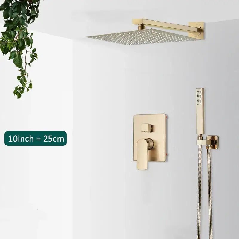 Modern gold rectangular rainfall shower system with gold-finished square shower head and matching wall-mounted control valve