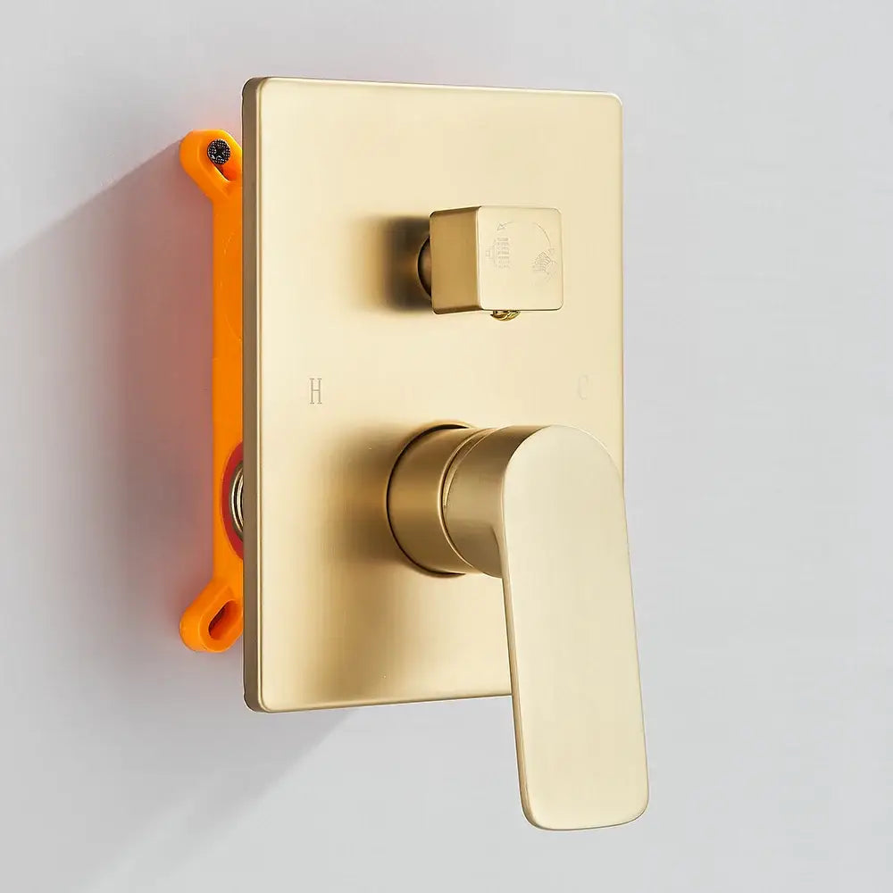 Modern gold rectangular rainfall shower valve with sleek design and two control knobs wall-mounted bathroom fixture