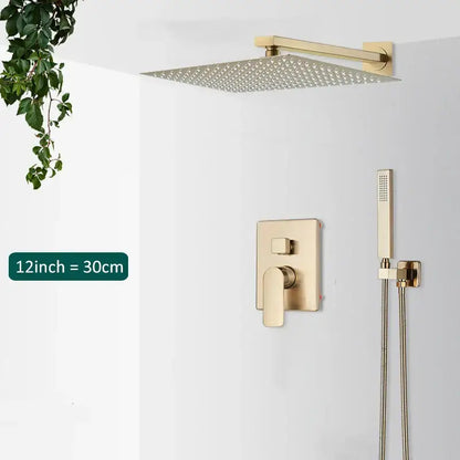 Modern gold rectangular rainfall shower system featuring a gold-toned square rain shower head with textured perforations and matching wall valve