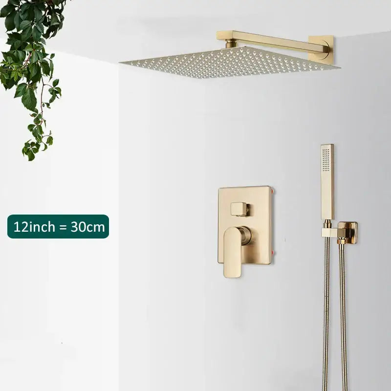 Modern gold rectangular rainfall shower system featuring a gold-toned square rain shower head with textured perforations and matching wall valve