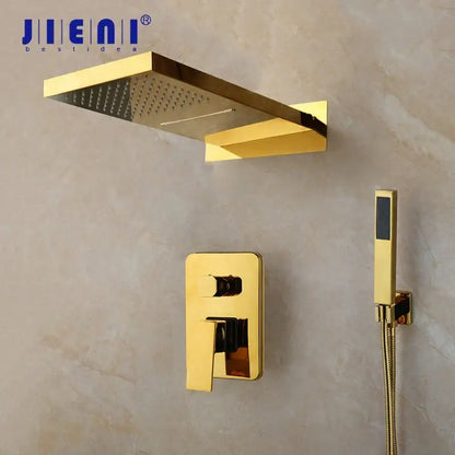 Modern gold rectangular shower mixer set with gold-finished shower head and matching wall-mounted control valve