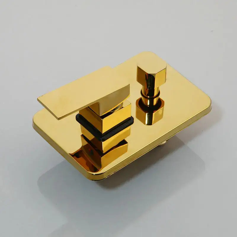Modern gold rectangular shower mixer set with sleek design and black rubber seals wall mounted bathroom valve