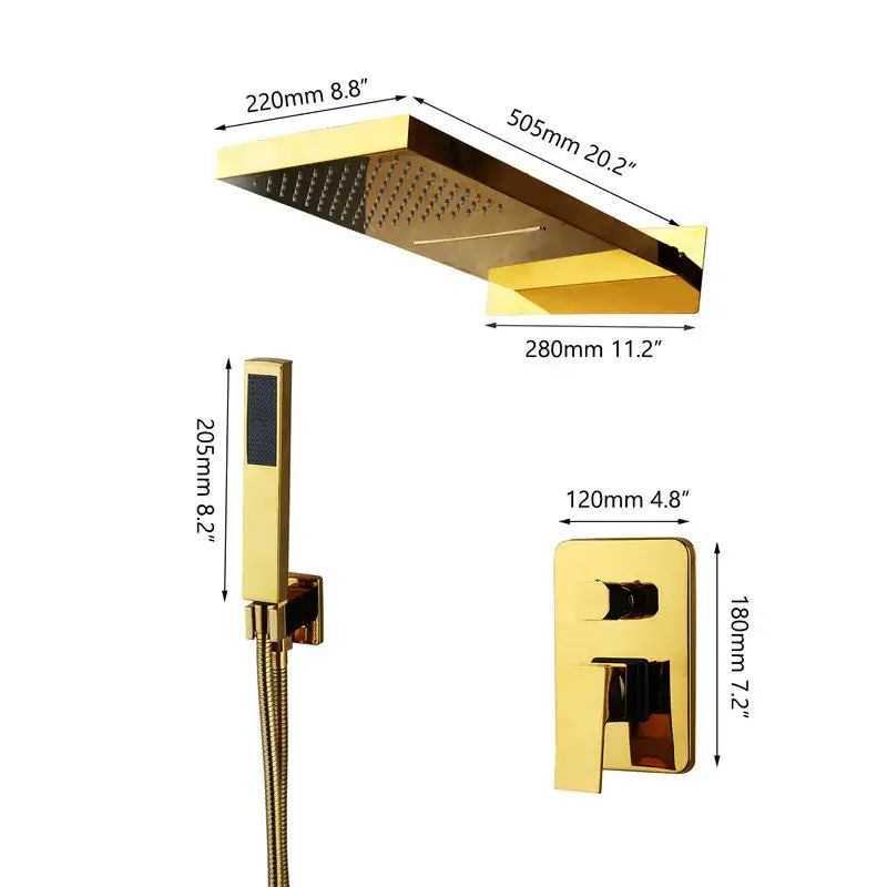Modern gold rectangular shower mixer set with gold-finished showerhead and integrated handheld spray nozzle wall mounted valve