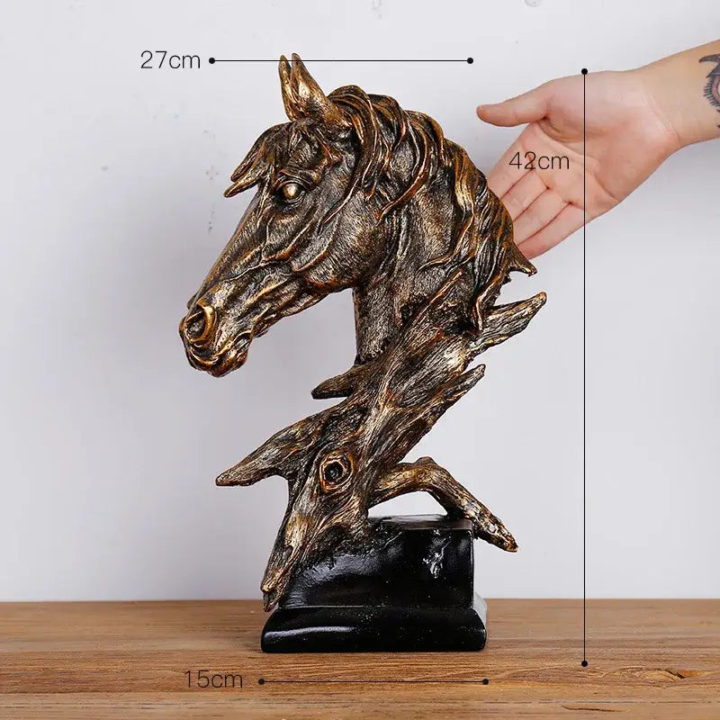 Bronze-colored horse head gold resin sculpture with intricate mane details on black base for decorbites gold resin decorbites gold