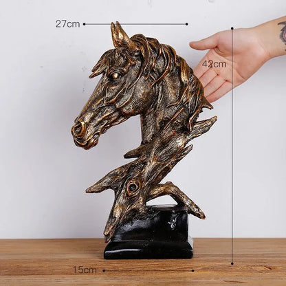 Bronze-colored horse head gold resin sculpture with intricate mane details on black base for decorbites gold resin decorbites gold