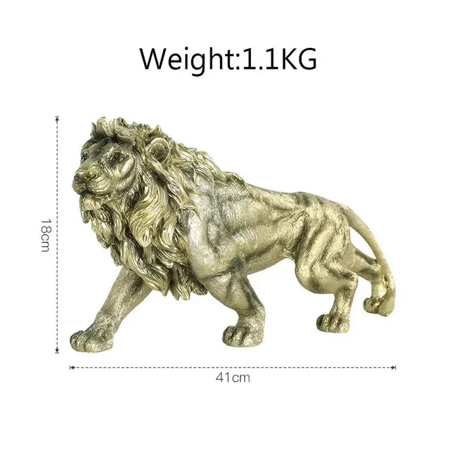 Modern gold resin sculpture of a detailed metallic gold lion with textured mane for decorbites gold resin decor