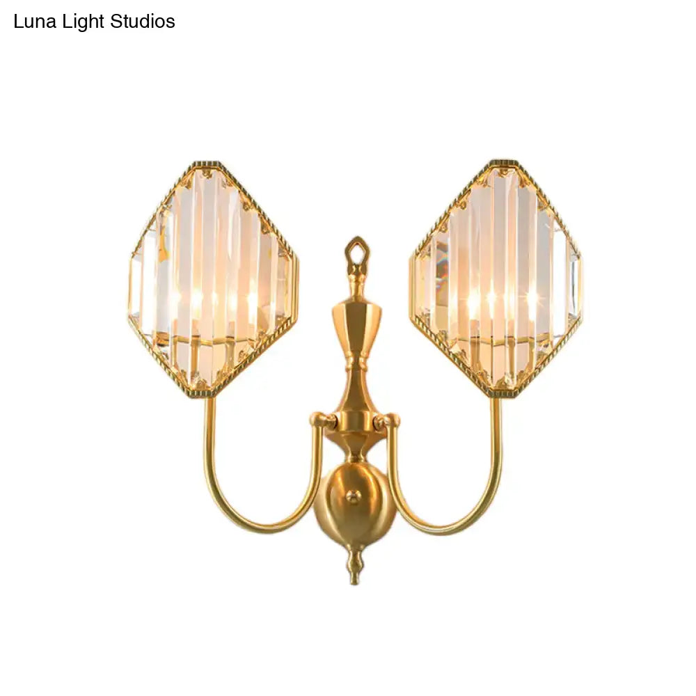 Modern gold rhombus crystal prism wall lamp with two hexagonal crystal prism wall mount shades for bedroom use