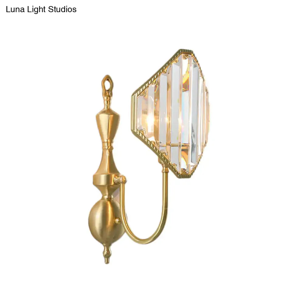 Modern gold wall lamp with faceted crystal prism panel and vertical prisms for bedroom prism wall mount lighting