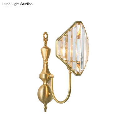 Modern gold wall lamp with faceted crystal prism panel and vertical prisms for bedroom prism wall mount lighting