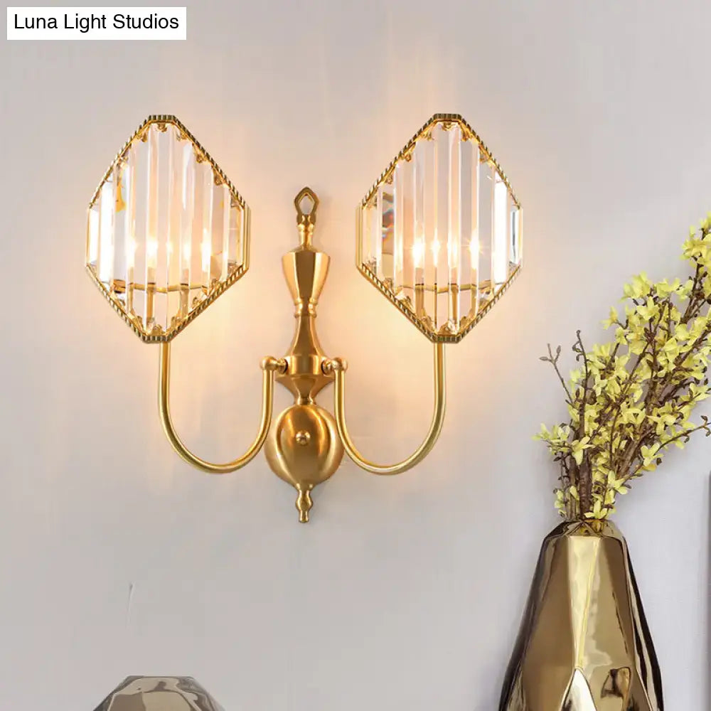 Modern gold wall lamp with hexagonal crystal prism shades and vertical prismatic glass panels for bedroom use
