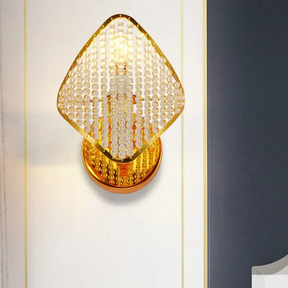 Modern gold rhombus wall light featuring clear crystal beads in a diamond frame for bedroom 110v-120v 220v-240v use