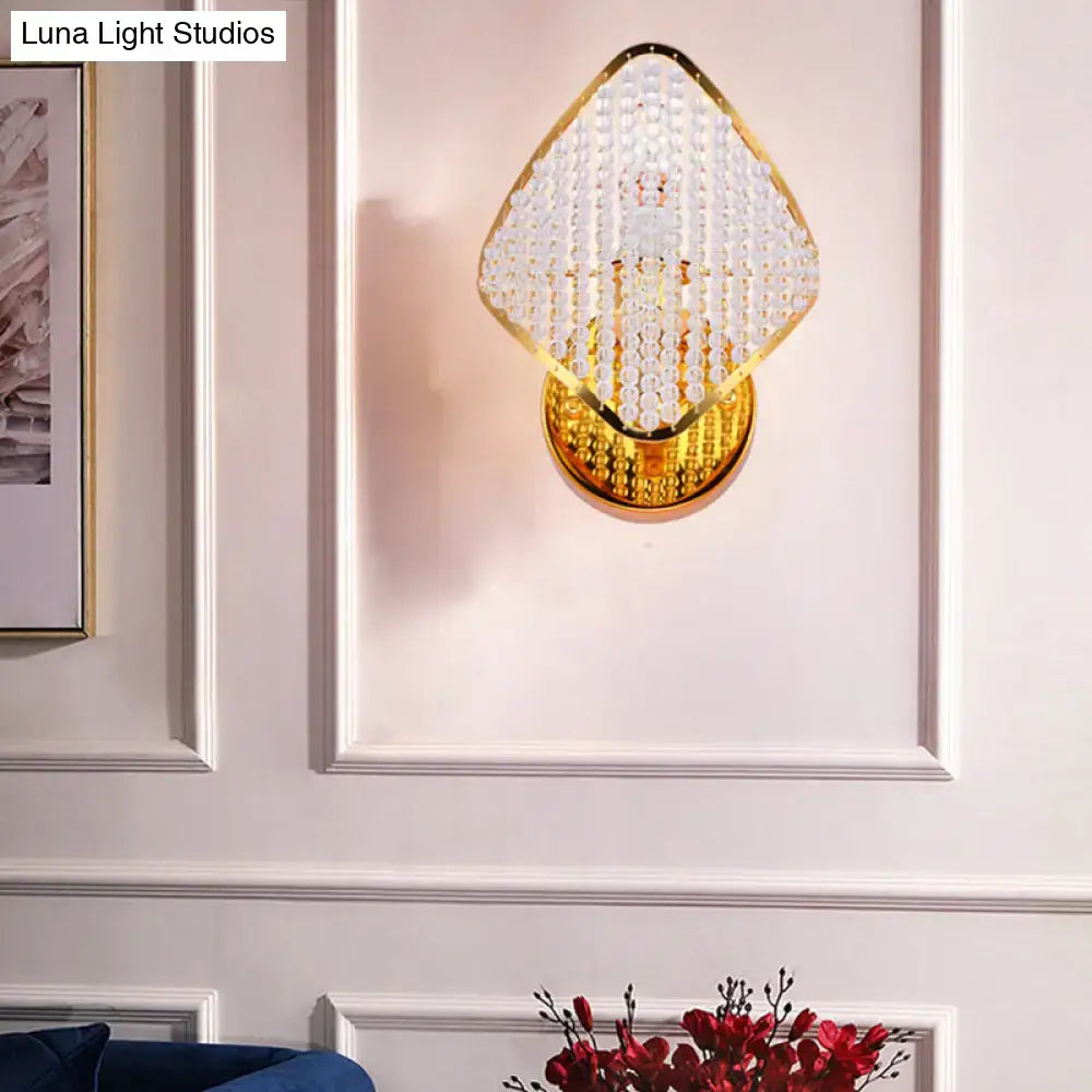 Modern gold rhombus wall light with clear crystal pendant and ornate beaded base suitable for 110v-120v 220v-240v use