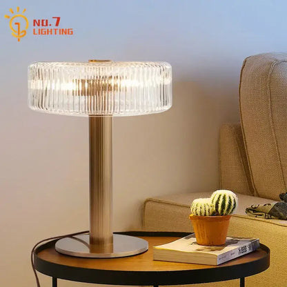 Modern gold ribbed glass table lamp with clear ribbed glass shade and brushed gold base by no7 lighting decorbites glass table lamp