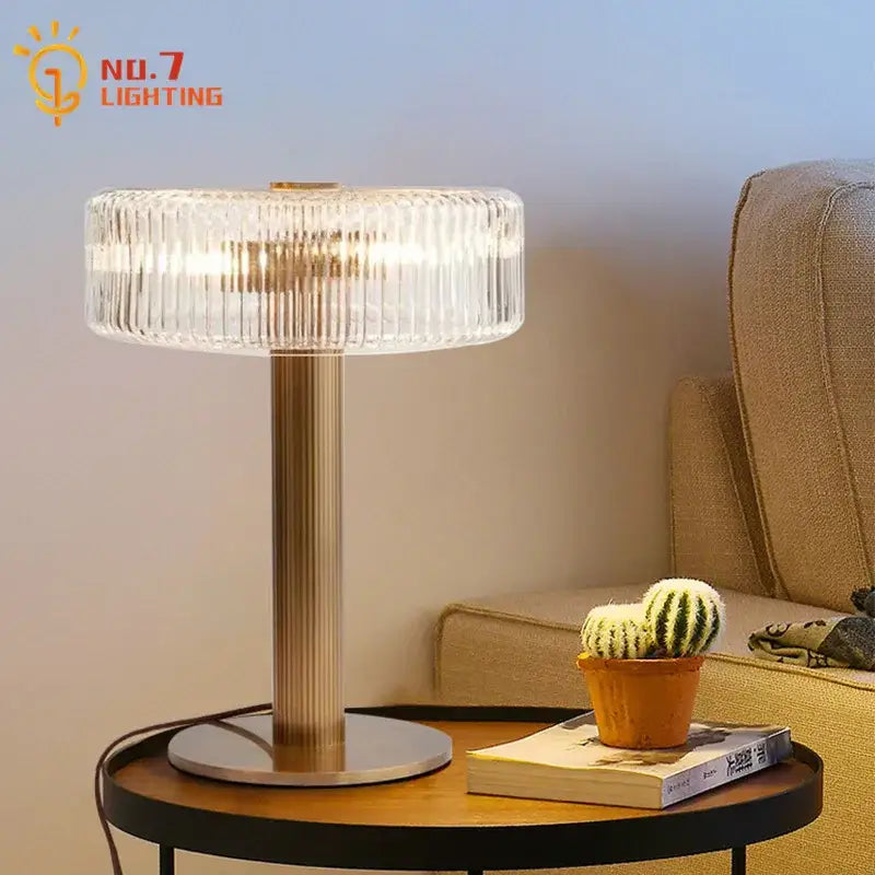 Modern gold ribbed glass table lamp with clear ribbed glass shade and brushed gold base by no7 lighting decorbites glass table lamp