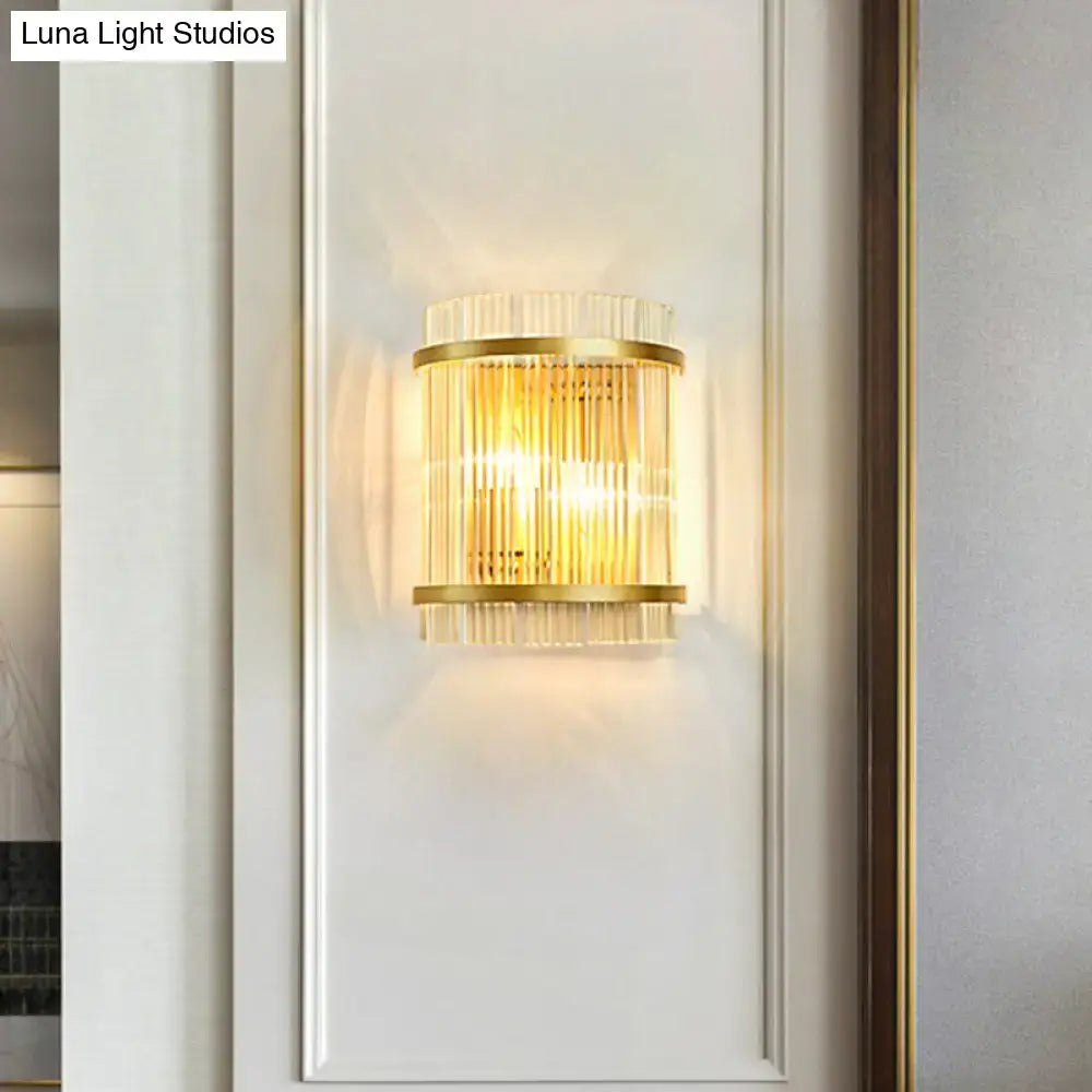 Modern gold ribbed glass wall mount light with vertical crystal rods elegant for living room wall decor