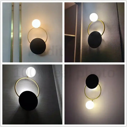 Modern gold wall lamp with sleek circular frame and black and white glass ball g4 round bulbs for bedroom decorbites