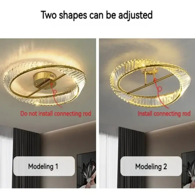 Modern gold ring crystal led ceiling chandelier with two adjustable gold-toned rings for living room decorbites gold ring