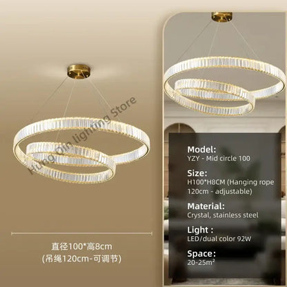 Modern gold ring crystal led pendant light with double-ring stainless steel frame and crystal accents for living room decorbites crystal led chandelier