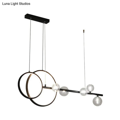 Modern black metal ring led pendant with illuminated circular rings and clear glass spheres for dining room hanging island light