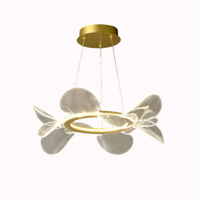 Modern gold ring led pendant light with a central circular ring and translucent petal mesh decorbites gold ring design