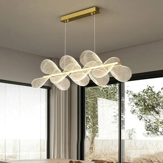Modern gold ring led pendant light with translucent leaf-shaped mesh shades in a flowing cluster design for dining room decorbites gold ring