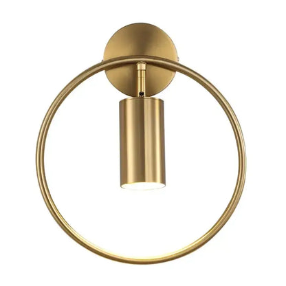 Modern gold ring led wall sconce light featuring a gold-toned circular frame and cylindrical sconce light fixture for bedroom use