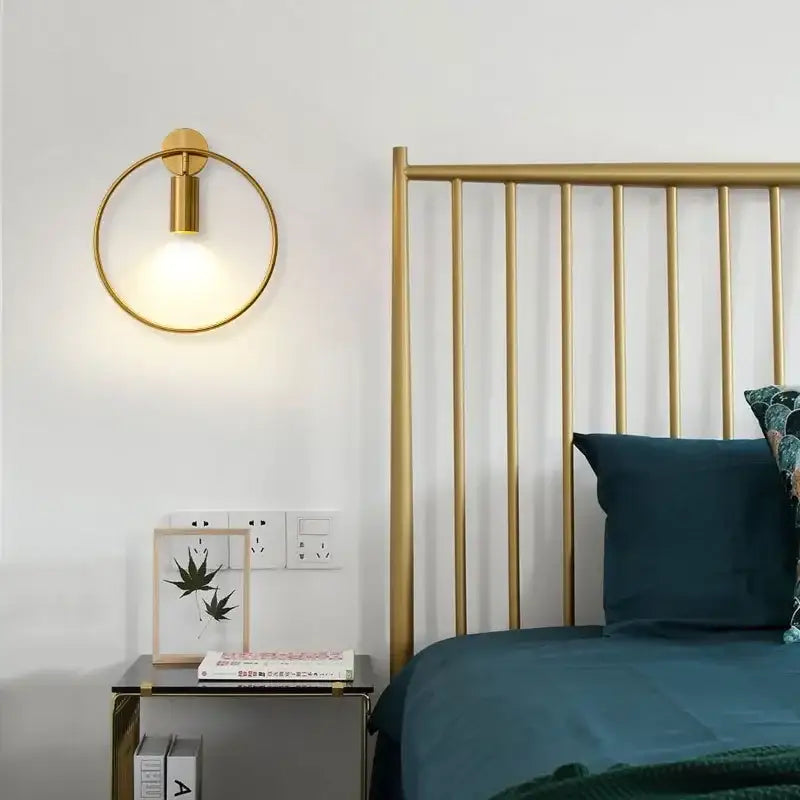Modern gold ring led wall sconce light with cylindrical frosted glass shade for adjustable bedroom wall sconce light