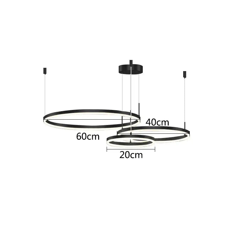 Modern black circular led ceiling lamp with three concentric rings 60cm and 40cm diameters decorbites gold ring pendant