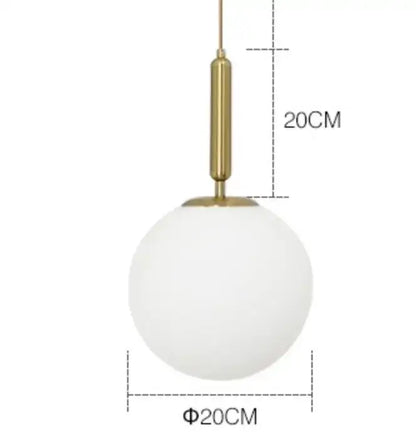 Modern gold ring pendant light with frosted glass featuring a 20cm white spherical pendant light and polished brass stem