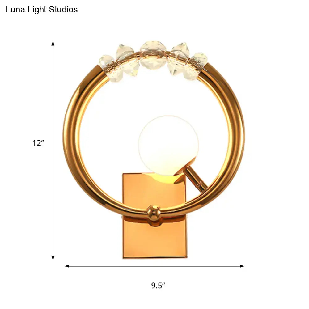 Modern gold ring wall sconce with clear crystal accents and square base for bedroom light 110v-120v and 220v-240v use
