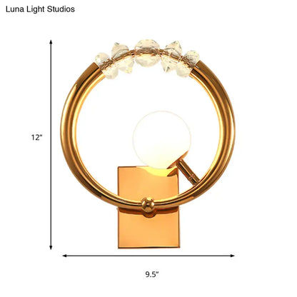 Modern gold ring wall sconce with clear crystal accents and square base for bedroom light 110v-120v and 220v-240v use
