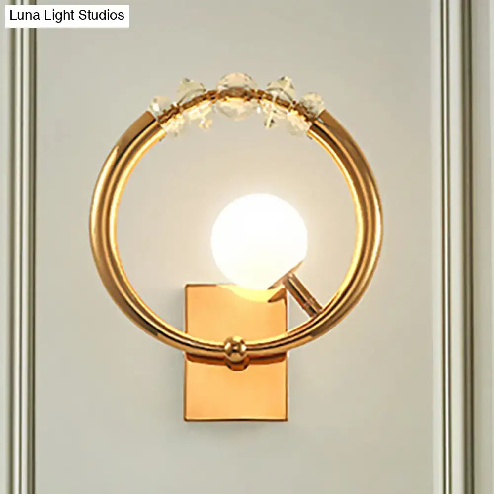Modern gold ring wall sconce with clear crystal accents and spherical bulb for bedroom lighting 110v-120v ring wall