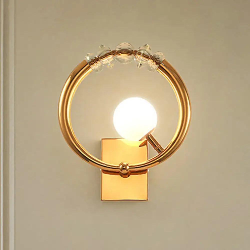 Modern gold ring wall sconce with clear crystal accents and glowing bulb for bedroom light 110v-120v ring wall sconce