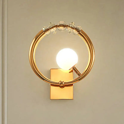 Modern gold ring wall sconce with clear crystal accents and glowing bulb for bedroom light 110v-120v ring wall sconce
