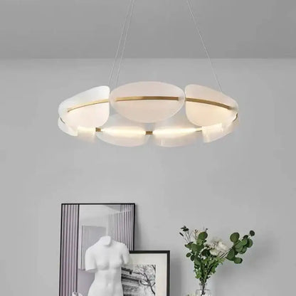 Modern gold ring pendant light with white acrylic frosted glass petals and gold-toned metallic accents for dining room decorbites gold ring