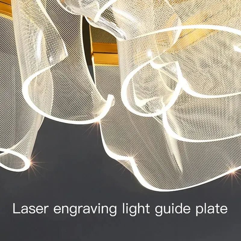Modern gold ripple led ceiling chandeliers featuring translucent mesh light guide plate with white led accents for luxury ceiling lights