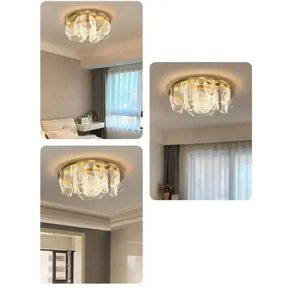 Modern gold ripple led ceiling chandelier with translucent petal-shaped glass shades for luxury dining room ceiling lights