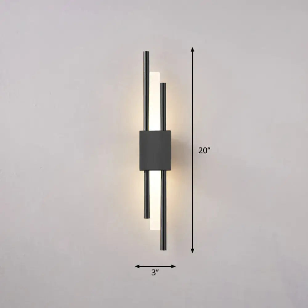 Modern black metal wall light with two vertical illuminated bars and central housing compatible with 110v-120v power