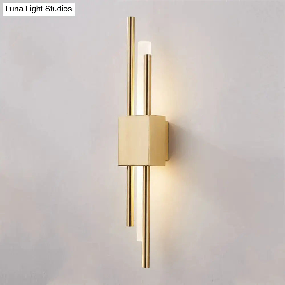 Modern gold-toned wall light with sleek vertical rods and integrated led lighting for 110v-120v stairway use