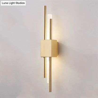 Modern gold-toned wall light with sleek vertical rods and integrated led lighting for 110v-120v stairway use