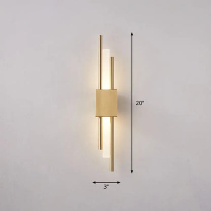 Modern gold-toned rod wall light with sleek vertical rods and frosted glass panels for 110v-120v stairway use