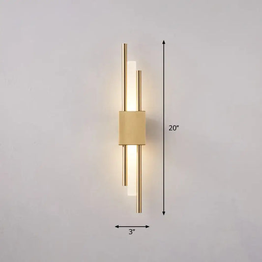 Modern gold-toned rod wall light with sleek vertical rods and frosted glass panels for 110v-120v stairway use