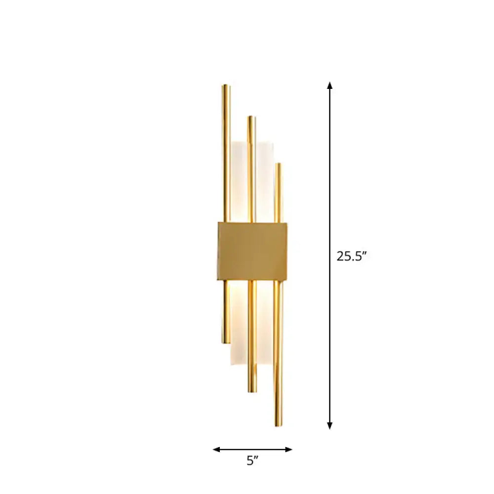 Modern gold rod led wall light with slender vertical rods and frosted glass panels for 110v-120v or 220v-240v use