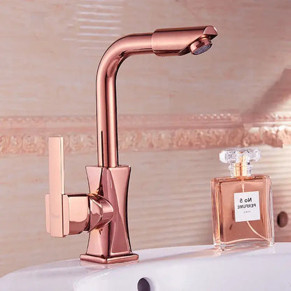 Modern gold and rose gold brass basin faucet with single-handle and curved spout for stylish bathroom decorbites brass basin